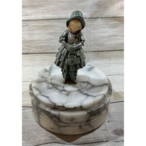 Vintage J.B. Hirsch Art Deco Cast Metal Girl on 5" Marble Trinket Box